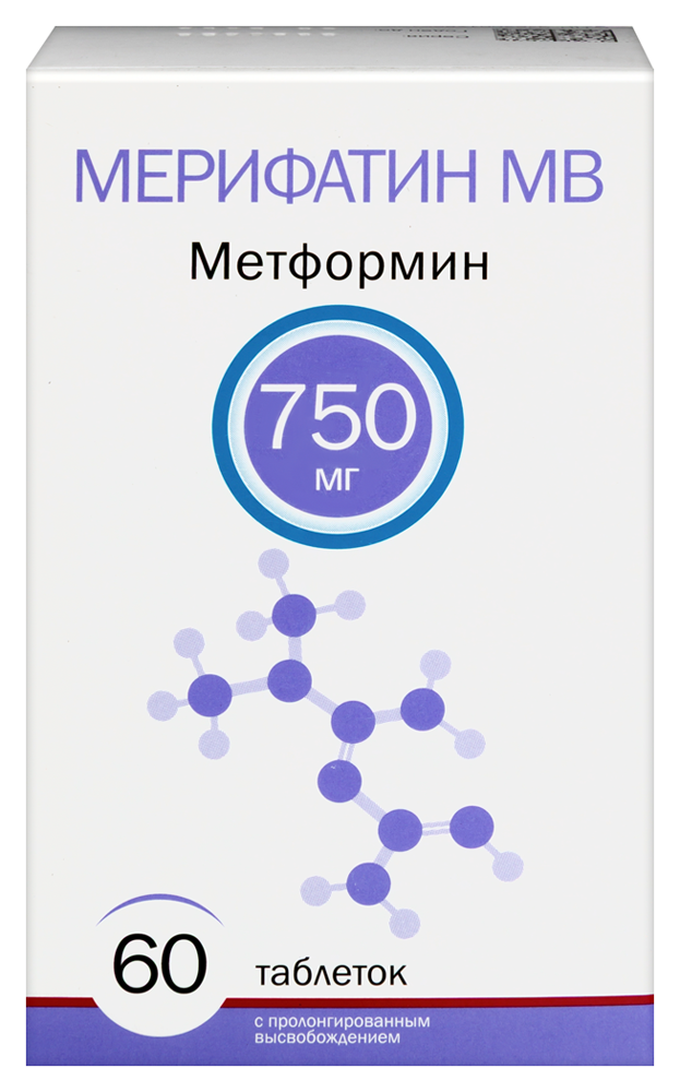 Изображение товара Мерифатин мв 750 мг 60 шт. таблетки с пролонгированным высвобождением для диабета
