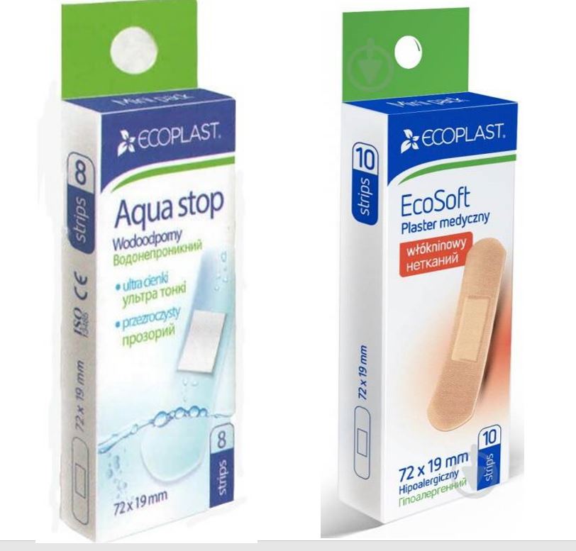Изображение товара Набор ECOPLAST НАБОР ПЛАСТЫРЕЙ МЕД ПЛЕН AQUA STOP N8 + ECOPLAST НАБОР ПЛАСТЫРЕЙ МЕД НЕТКАН ECOSOFT 72Х19ММ N10 со скидкой