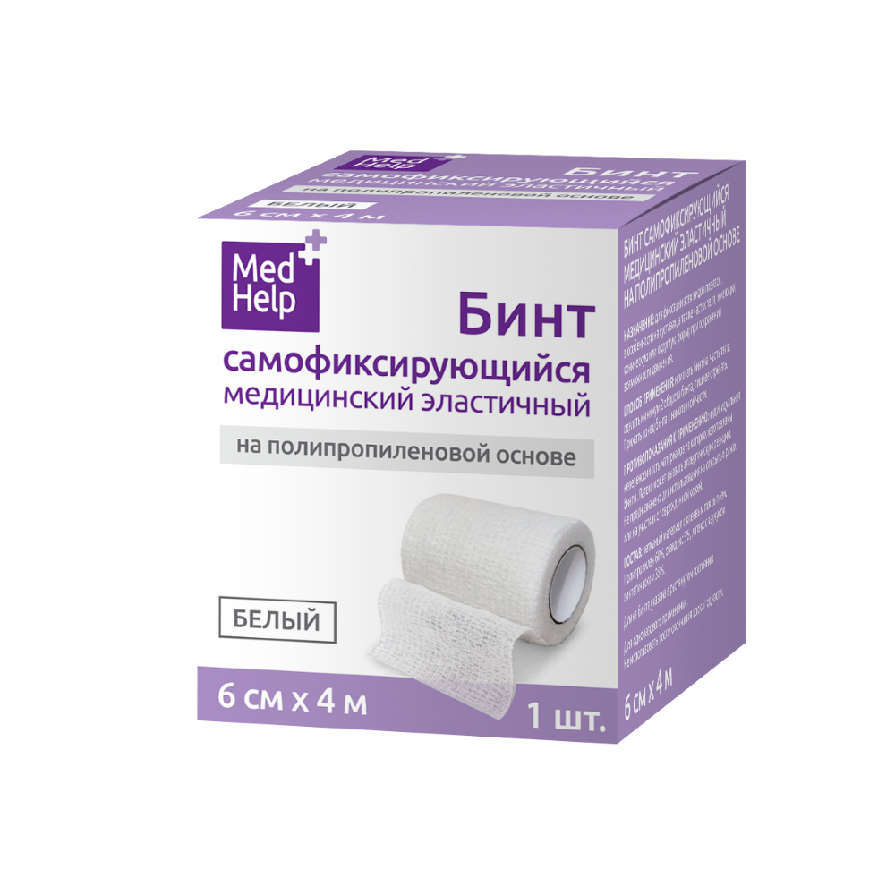 Изображение товара Medhelp бинт самофиксирующийся эластичный мед на полипропиленовой основе белый 6 смх4 м/эркафарм