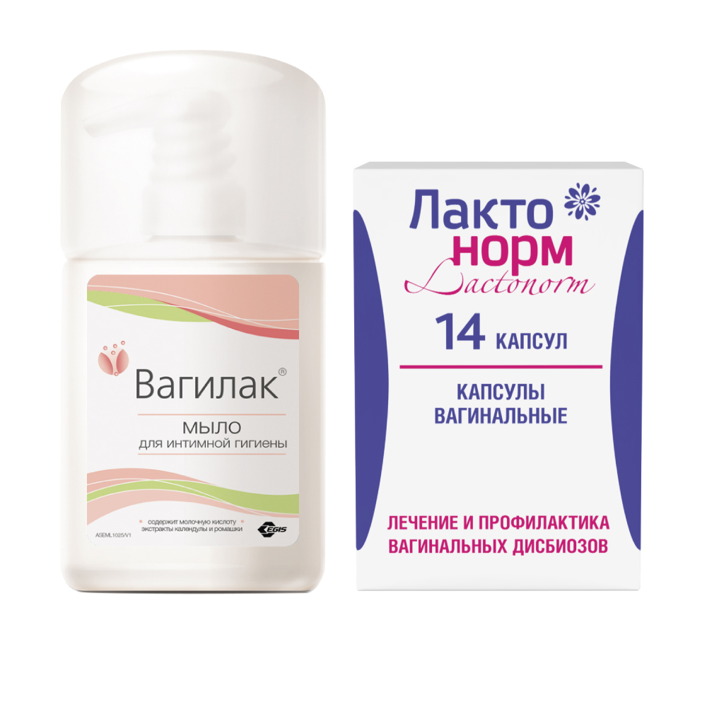 Изображение товара Набор ВАГИЛАК МЫЛО Д/ИНТИМ ГИГИЕН 250МЛ + ЛАКТОНОРМ N14 КАПС ВАГ