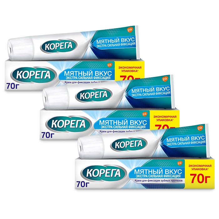 Изображение товара Набор КОРЕГА ЭКСТРА КРЕМ Д/ФИКС З/ПРОТЕЗОВ СИЛЬН/ МЯТН 70,0 из 3уп со скидкой 25%