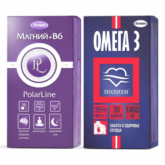 Изображение товара Набор МАГНИЙ+В6 N30 ТАБЛ ПО 840МГ/ПОЛЯРИС/ + ОМЕГА-3 35% N30 КАПС ПО 1400МГ/ПОЛЯРИС/