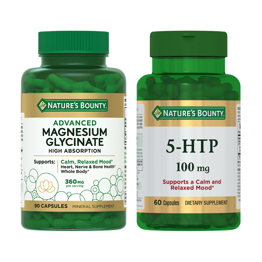 Изображение товара Набор Natures bounty 5-гидрокситриптофан №60 капс +  Глицинат магния №90 капс со скидкой