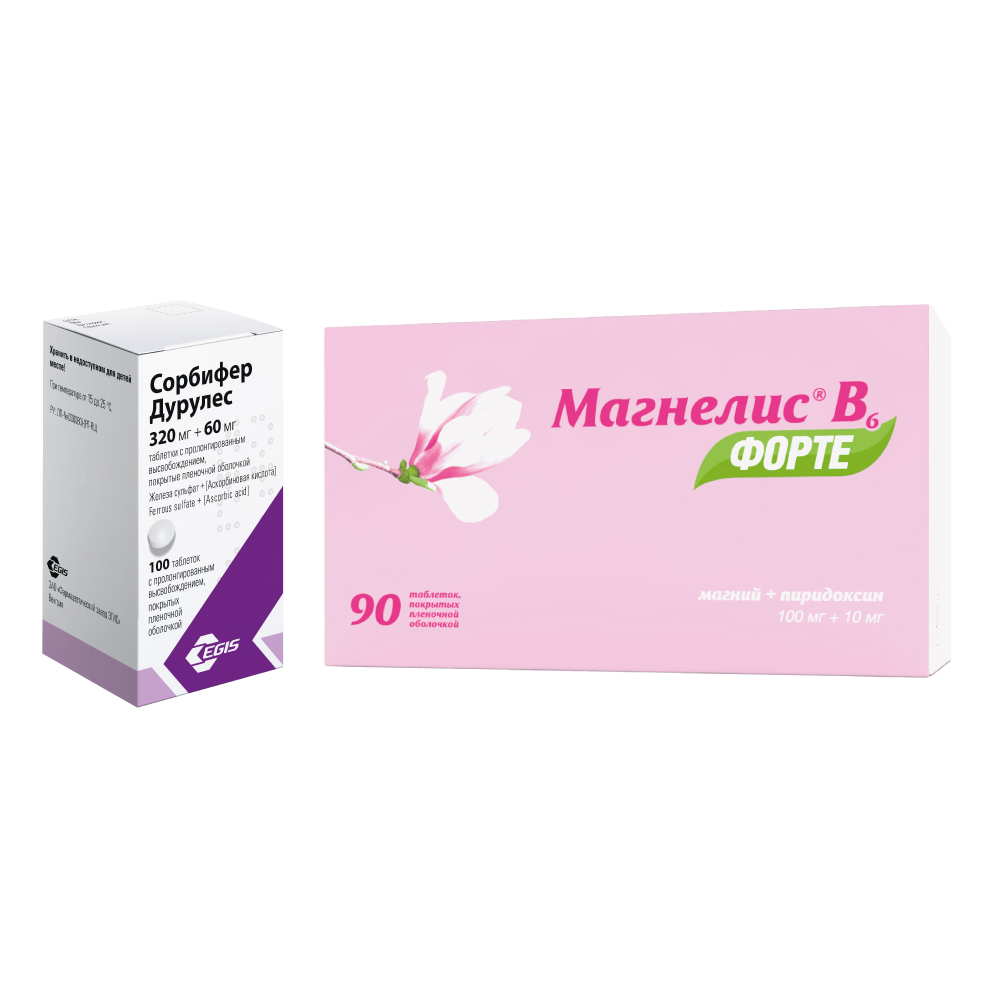 Изображение товара Набор СОРБИФЕР ДУРУЛЕС 0,32+0,06 N100 ТАБЛ ПРОЛОНГ ВЫСВОБ П/ПЛЕН/ОБОЛОЧ + МАГНЕЛИС В6 ФОРТЕ 0,1+0,01 N90 ТАБЛ П/ПЛЕН/ОБОЛОЧ по с