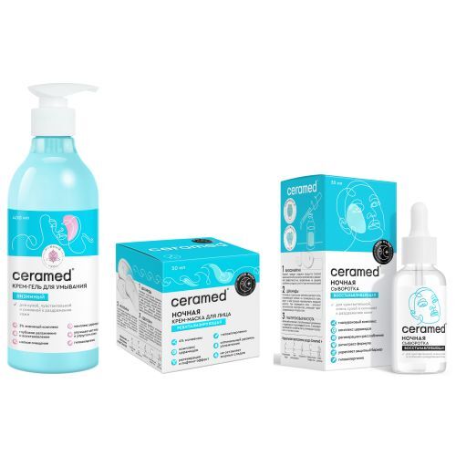 Изображение товара Набор Ceramed для сухой и чувстительной кожи лица: крем-гель энзимный + крем-маска ночная + сыворотка ночная