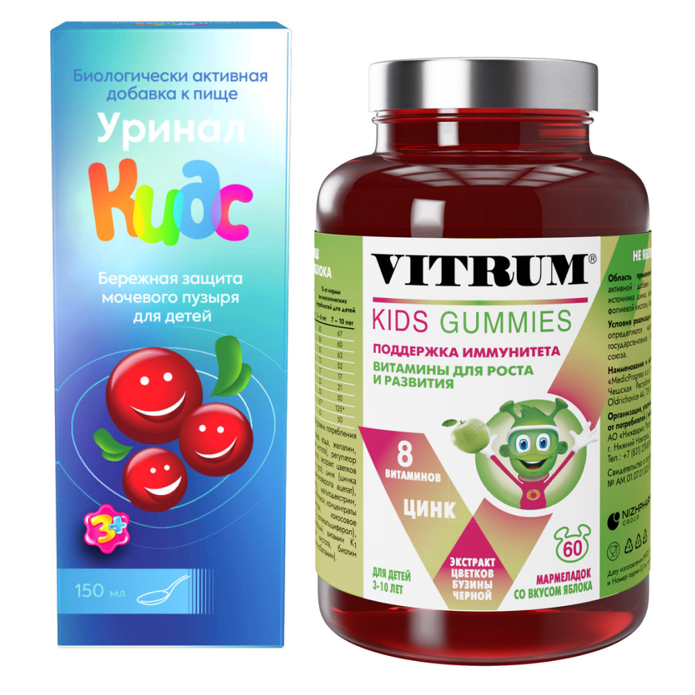 Изображение товара Набор для детей Витамины Витрум Кидс жев. №60 и Уринал Кидс флакон 150 мл со скидкой