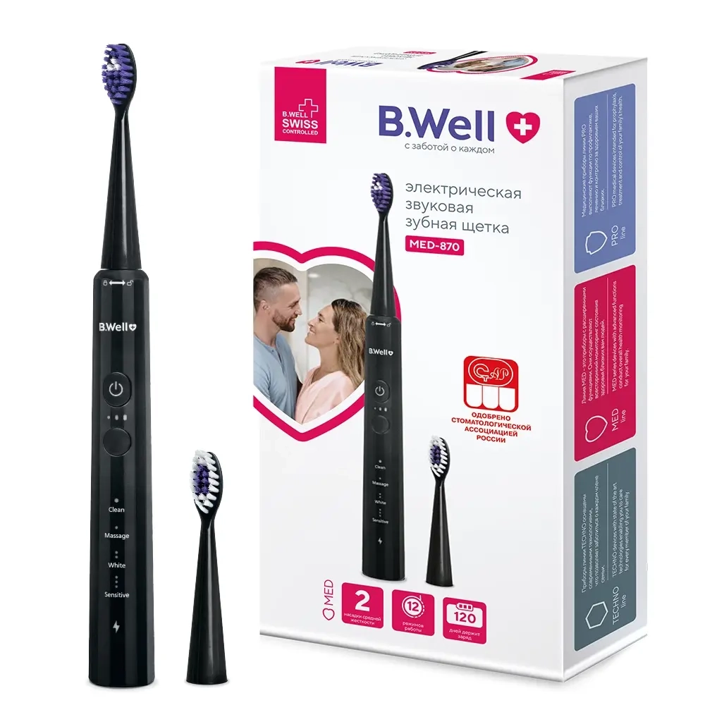 Изображение товара Электрическая зубная щетка B well med-870 черная для здоровья зубов Изображение товара Электрическая зубная щетка B well med-870 черная для здоровья зубов