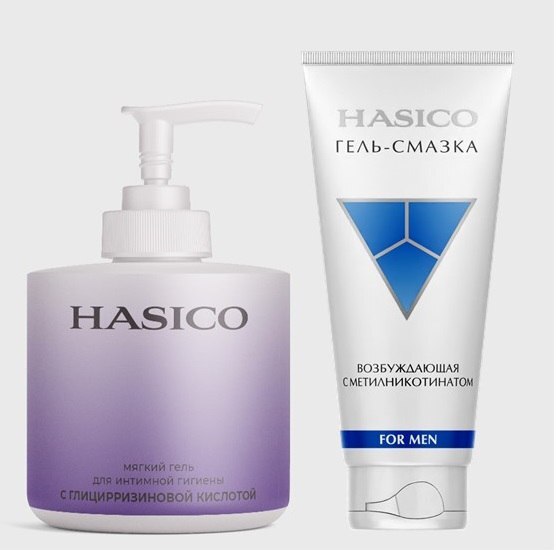 Изображение товара Набор из 2х средств HASICO: гель для интимной гигиены с глицирризиновой кислотой + ГЕЛЬ-СМАЗКА Д/МУЖЧИН 100МЛ