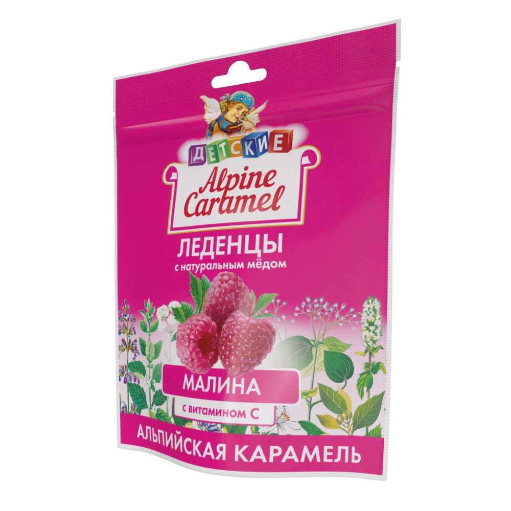 Alpine caramel леденцы альпийская карамель детские с натуральным медом и  витамином с со вкусом малины 75 гр