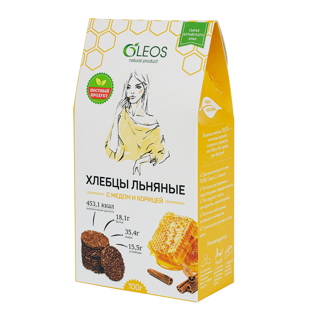 Изображение товара Oleos хлебцы льняные с медом и корицей 100 гр