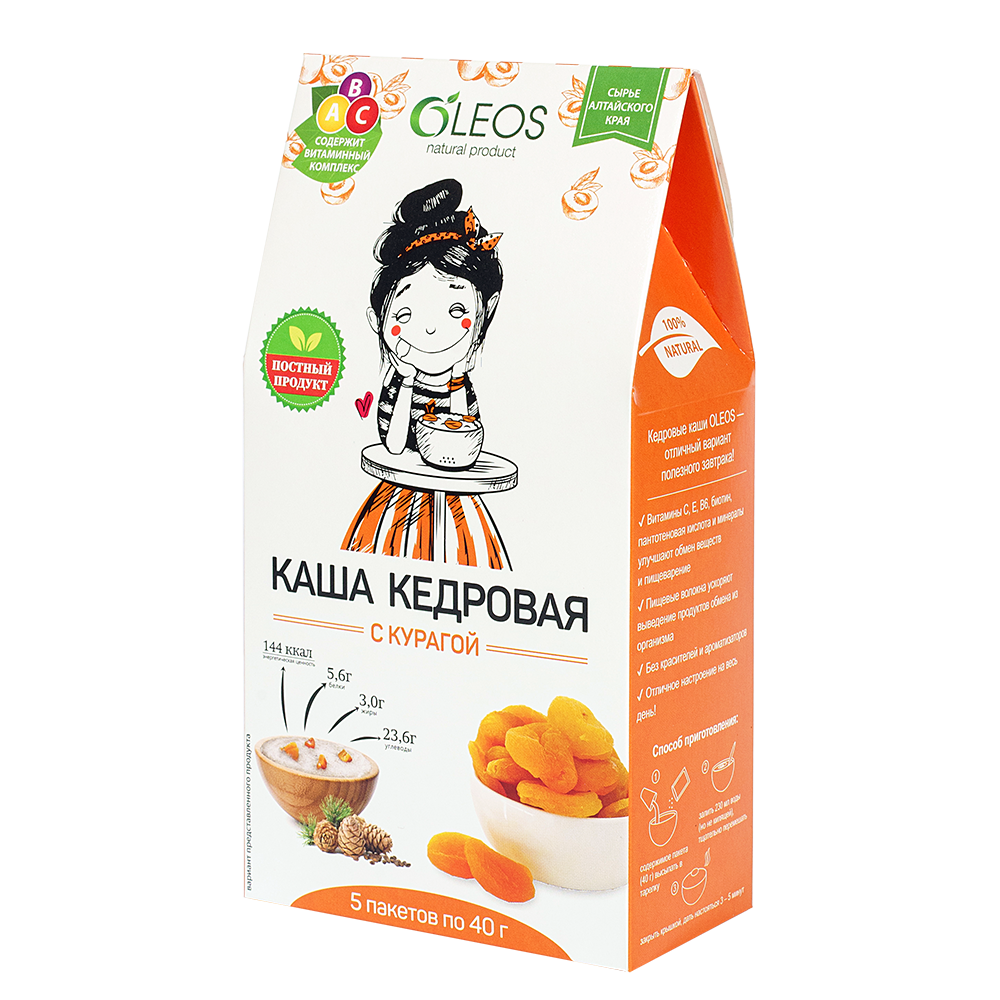 Изображение товара Oleos каша кедровая с курагой 40 гр 5 шт. пак
