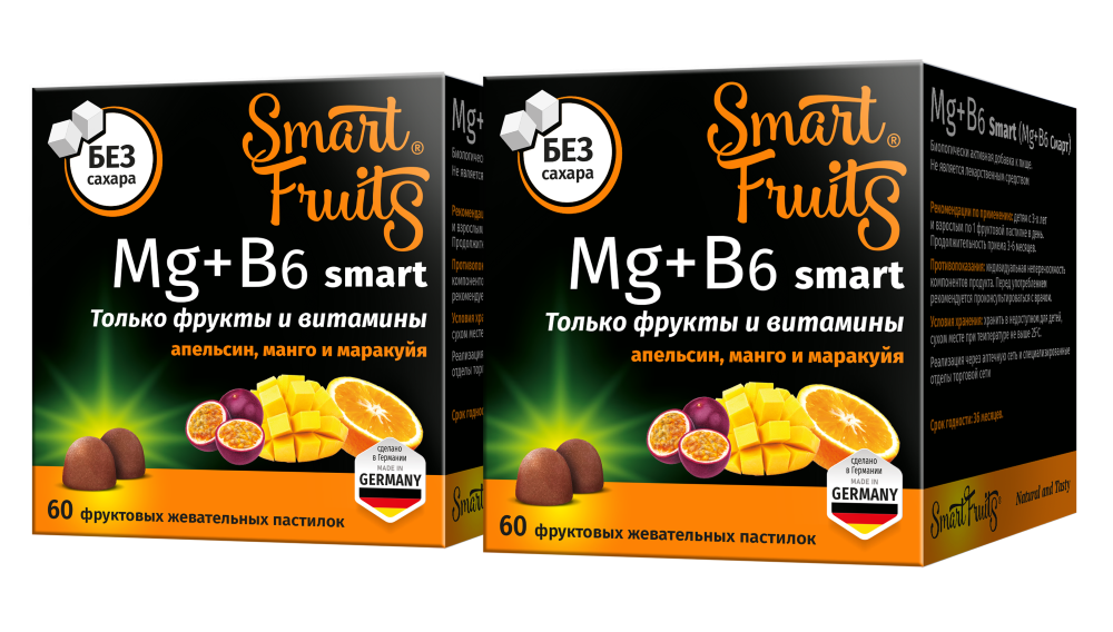 Изображение товара Набор из 2-х упаковок SMART FRUITS MG+B6 СМАРТ 60шт. пастилки жевательные Изображение товара Набор из 2-х упаковок SMART FRUITS MG+B6 СМАРТ 60шт. пастилки жевательные