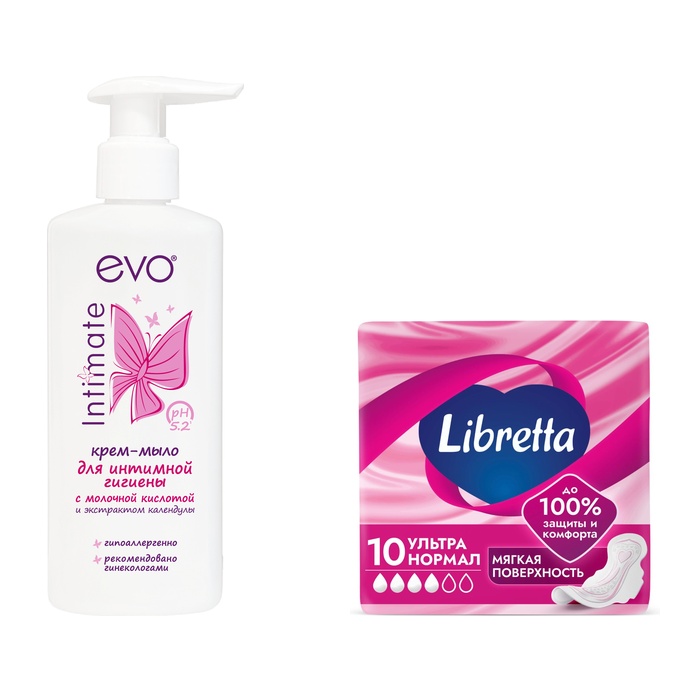 Изображение товара Набор Evo Intimate крем-мыло д/интим гиг календула 200мл + Libretta прокладки ультратонкие ультра нормал с мягкой поверхностью N10 Изображение товара Набор Evo Intimate крем-мыло д/интим гиг календула 200мл + Libretta прокладки ультратонкие ультра нормал с мягкой поверхностью N10