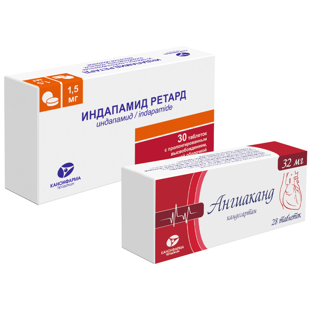Изображение товара Набор Индапамид Ретард 1,5 мг 30 шт + Ангиаканд 32 мг 28 шт по специальной цене