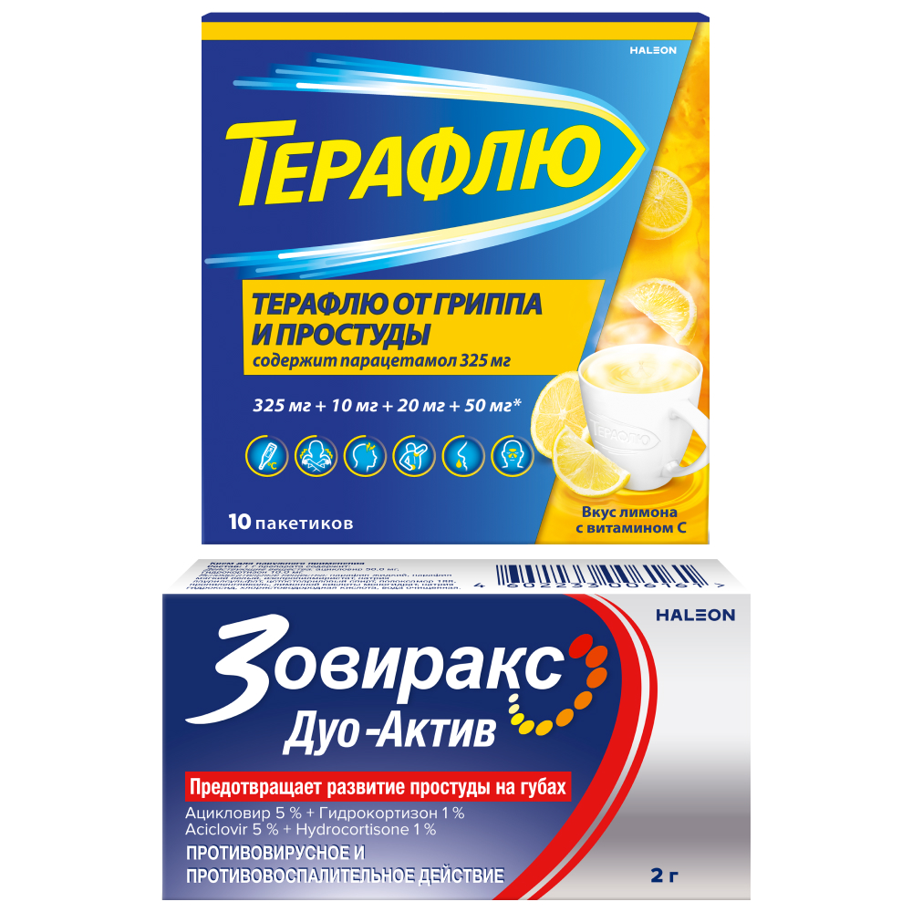 Изображение товара Набор Терафлю от гриппа и простуды порошок 10 шт. вкус лимон + Зовиракс дуо-актив 5% + 1% крем для наружного применения 2 гр по спец.цене Изображение товара Набор Терафлю от гриппа и простуды порошок 10 шт. вкус лимон + Зовиракс дуо-актив 5% + 1% крем для наружного применения 2 гр по спец.цене