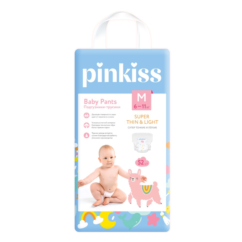 Изображение товара Подгузники-трусики Pinkiss M для малышей 6-11 кг, 52 шт - комфорт и защита