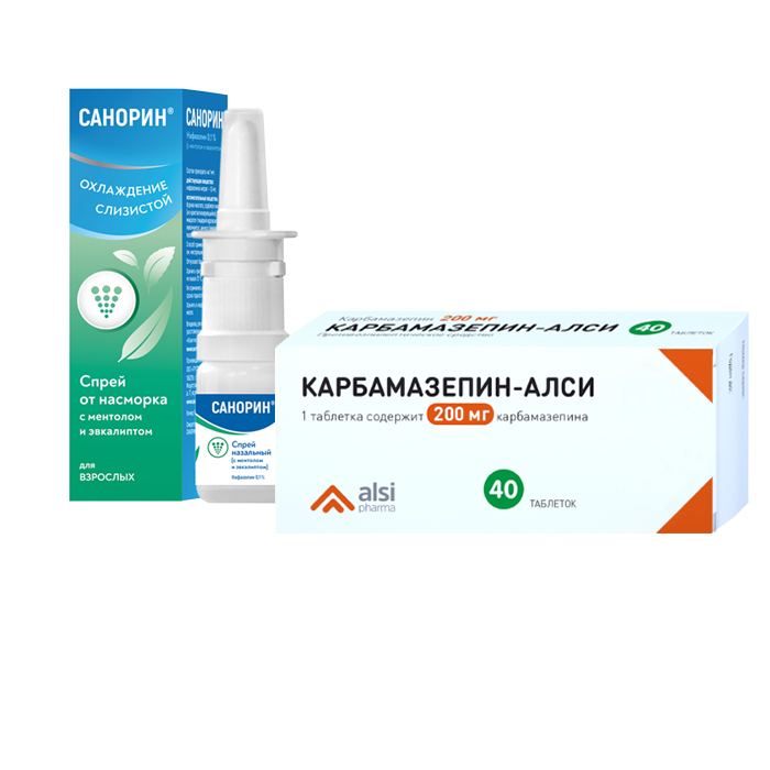 Изображение товара Набор Санорин спрей с ментолом и эвкалиптом 0,1% 10 мл и Карбамазепин-АЛСИ таб. 200 мг №40 со скидкой!