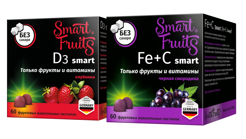 Изображение товара Набор SMART FRUITS D3 СМАРТ 60шт. пастилки жевательные + SMART FRUITS FE+C СМАРТ 60шт. пастилки жевательные Изображение товара Набор SMART FRUITS D3 СМАРТ 60шт. пастилки жевательные + SMART FRUITS FE+C СМАРТ 60шт. пастилки жевательные