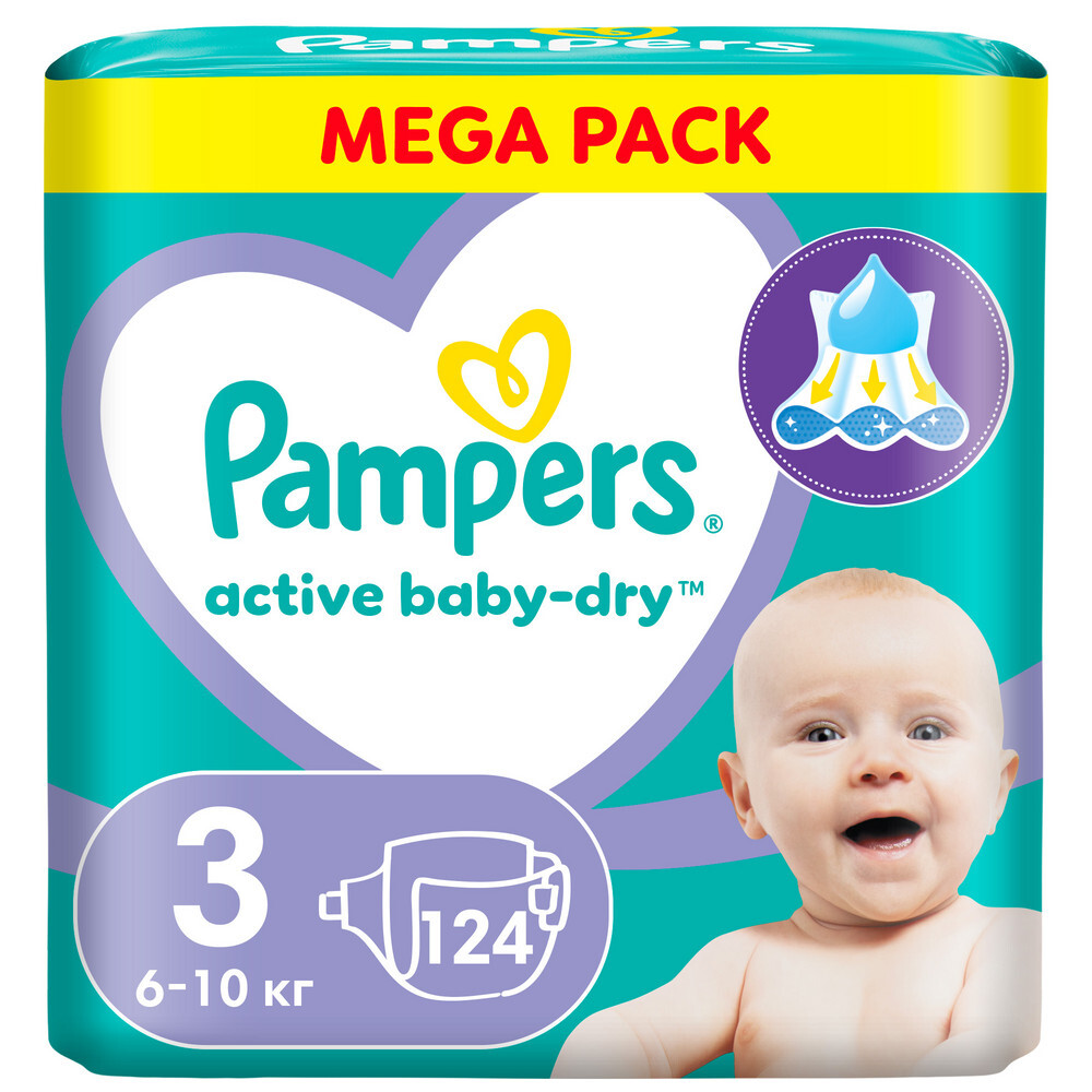 Изображение товара Подгузники Pampers Active Baby-Dry размер 3 124 шт. для малышей 6-10 кг