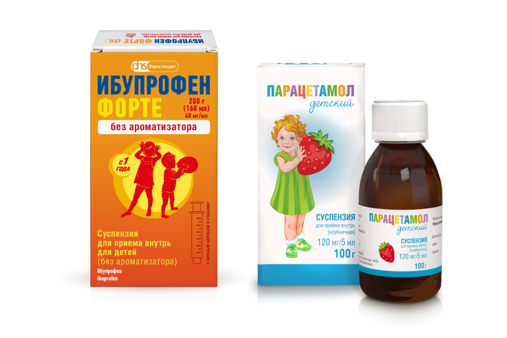 Изображение товара Набор при простуде у детей:  Ибупрофен без ароматизатора 200 г  + Парацетамол детский (клубника) - со скидкой 15%