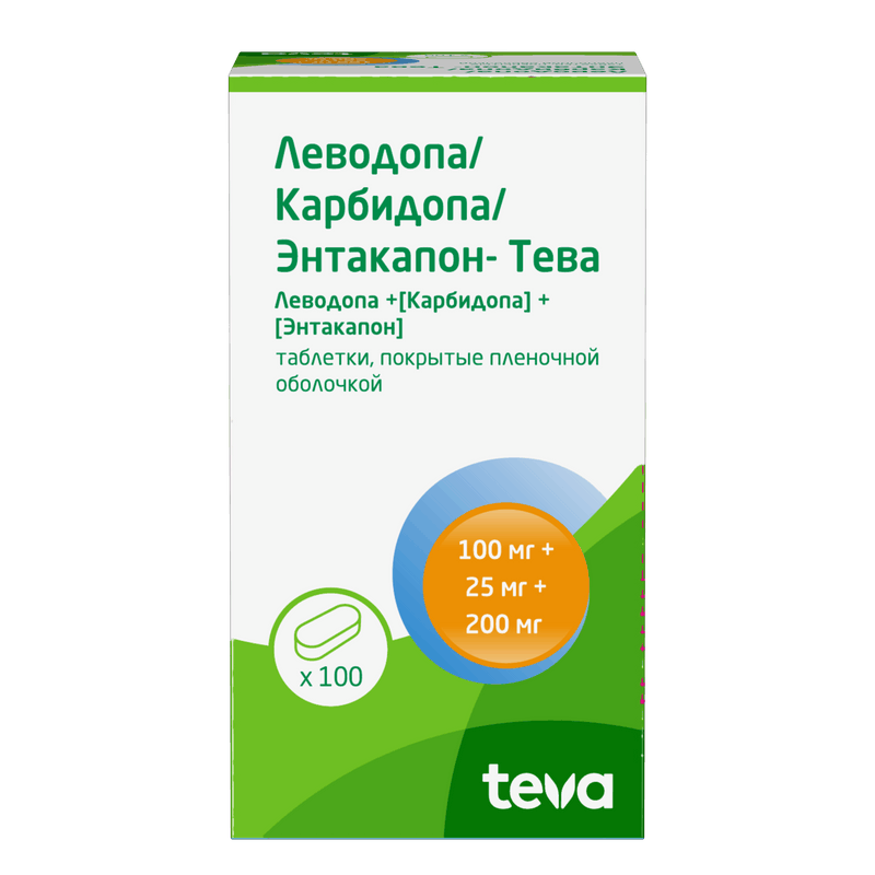Изображение товара Леводопа/карбидопа/энтакапон-тева 100 мг + 25 мг + 200 мг 100 шт. таблетки, покрытые пленочной оболочкой
