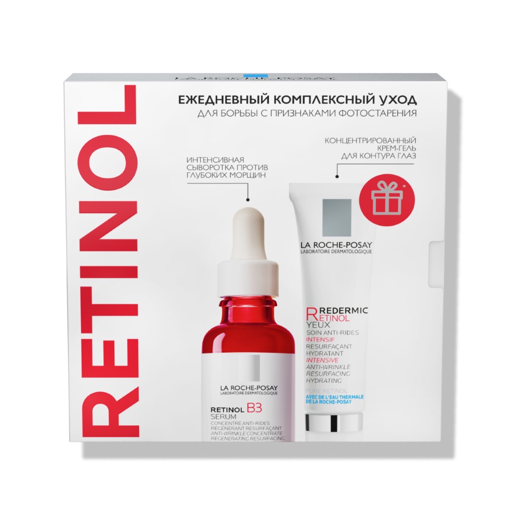 La roche-posay/retinol b3 сыворотка 30 мл+redermic крем-гель для глаз 15  мл+anthelios крем антивозрастной spf50+ 15 мл/набор - цена 3452 руб.,  купить в интернет аптеке в Москве La roche-posay/retinol b3 сыворотка 30  мл+redermic