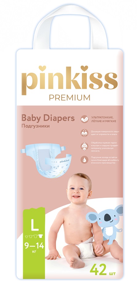 Изображение товара Pinkiss Premium подгузники размер L 42 шт для детей 9-14 кг