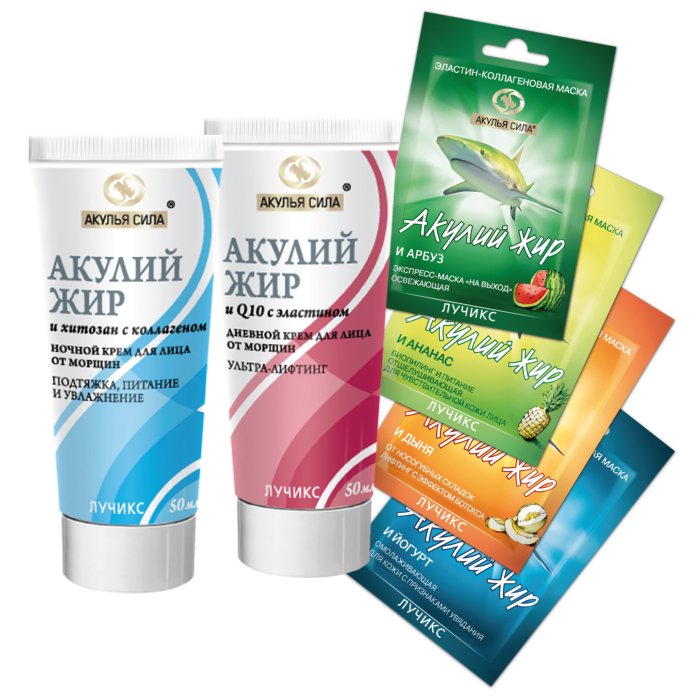 Изображение товара Набор подарочный Акулий жир Акулья сила: Коэнзим крем для лица дневной + Коллагеновый крем для лица ночной + 4 маски