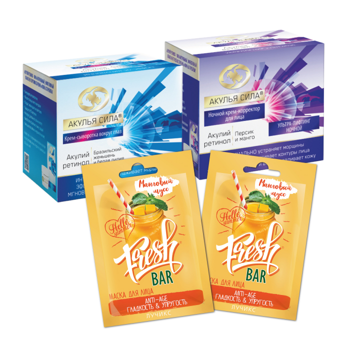 Изображение товара Набор подарочный Акулья сила подтяжка лица и коррекция морщин вокруг глаз:  Крем ночной +  Крем вокруг глаз + 2 маски