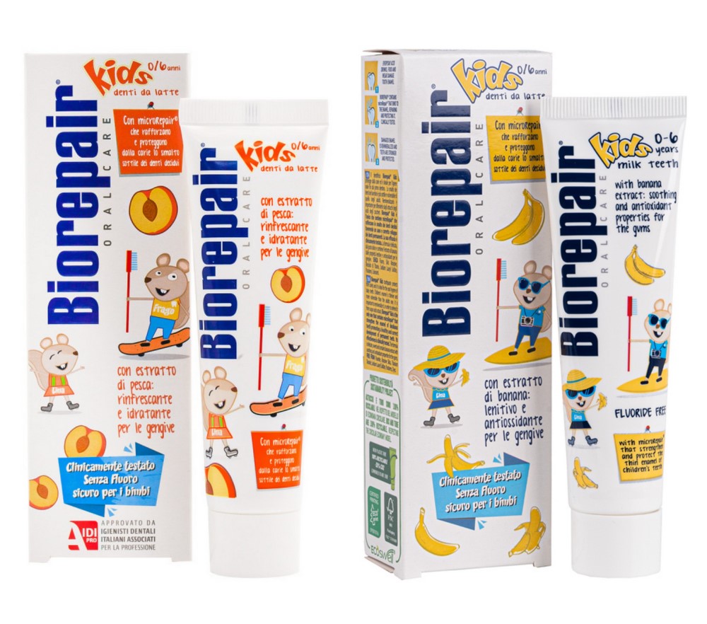 Набор Biorepair kids зубная паста детская 0-6 лет /персик/ + Biorepair kids  зубная паста детская 0-6 лет /банан/ - цена 1134 руб., купить в интернет  аптеке в Орле Набор Biorepair kids зубная