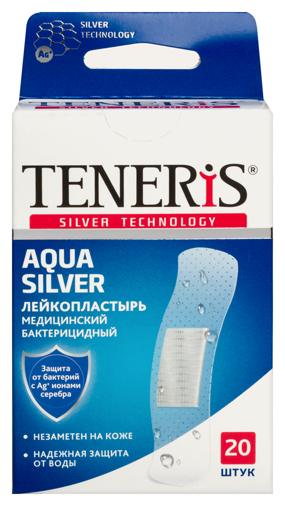 Изображение товара Лейкопластырь медицинский бактерицидный на полимерной основе 7,6х1,9 см 20 шт teneris aqua silver