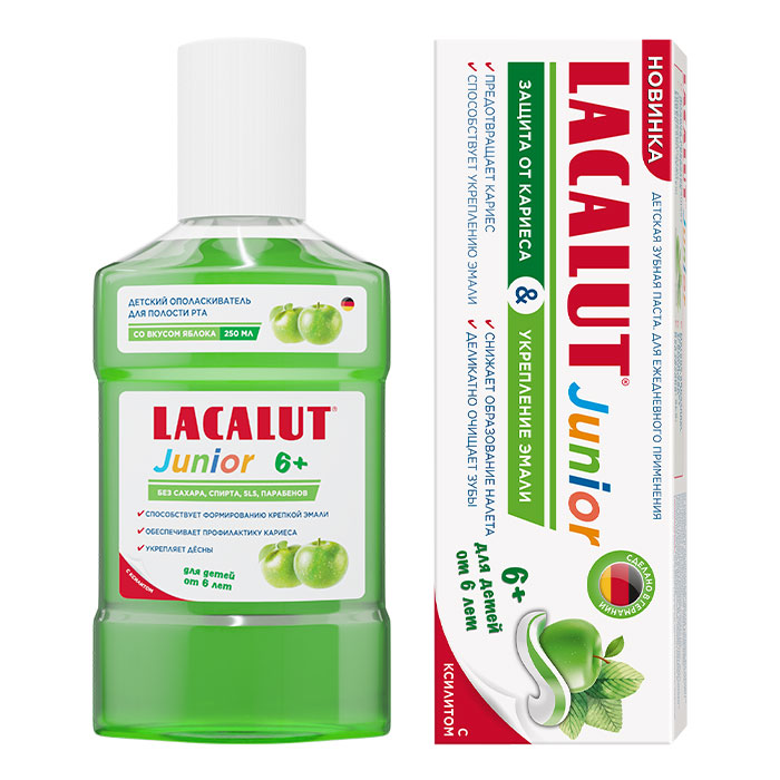 Изображение товара Набор LACALUT: ЗУБНАЯ ПАСТА ДЕТСКАЯ JUNIOR 6+ ЗАЩИТА ОТ КАРИЕСА И УКРЕПЛЕНИЕ ЭМАЛИ 65,0 + ОПОЛАСКИВАТЕЛЬ ДЛЯ ПОЛОСТИ РТА ДЕТСКИЙ
