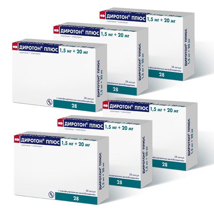 Изображение товара Набор из 6 упаковок ДИРОТОН ПЛЮС 0,0015+0,02 N28 КАПС  по специальной цен