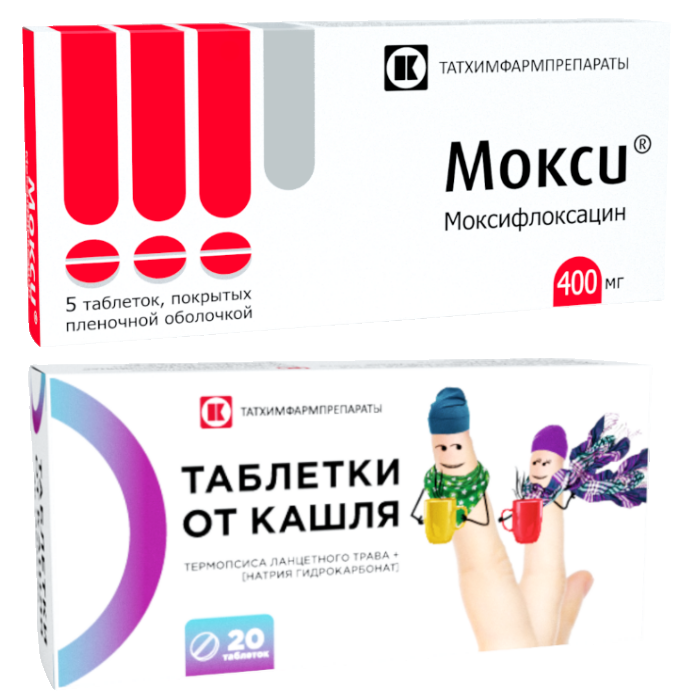 Изображение товара Набор Мокси 400 мг №5 таб + Таблетки от кашля №20 Изображение товара Набор Мокси 400 мг №5 таб + Таблетки от кашля №20