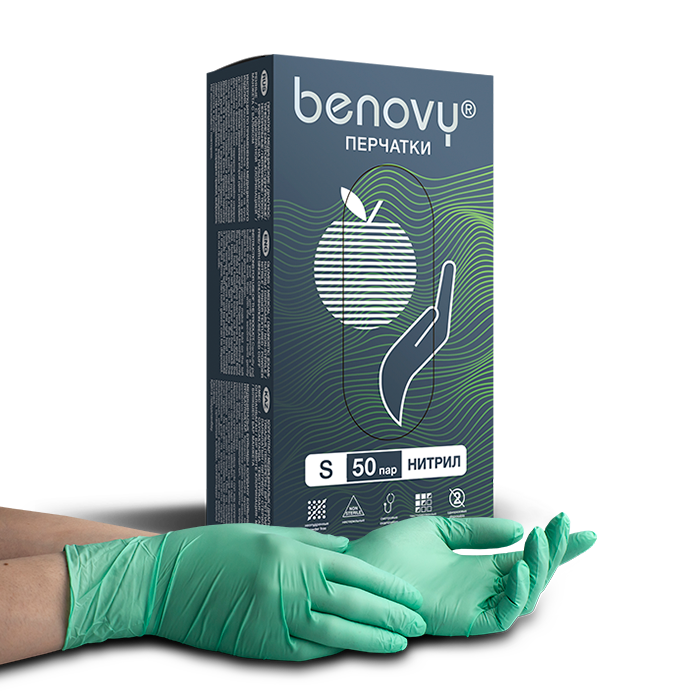 Изображение товара Перчатки смотровые benovy нитриловые нестерильные неопудренные s 50 шт. пар/зеленый/ Изображение товара Перчатки смотровые benovy нитриловые нестерильные неопудренные s 50 шт. пар/зеленый/
