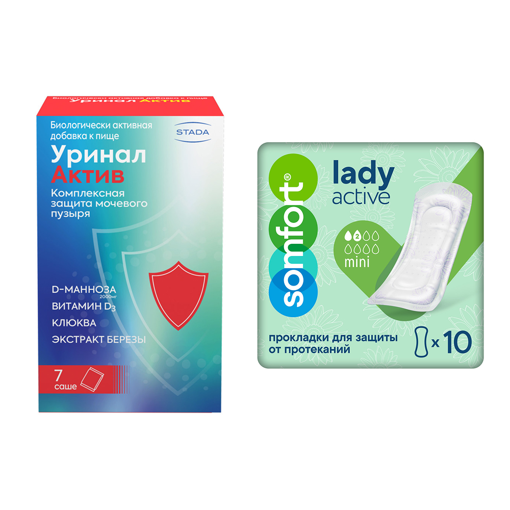 Изображение товара Набор Уринал актив 7 саше+Somfort прокладки женские впитывающие lady active mini №10 по специальной цене