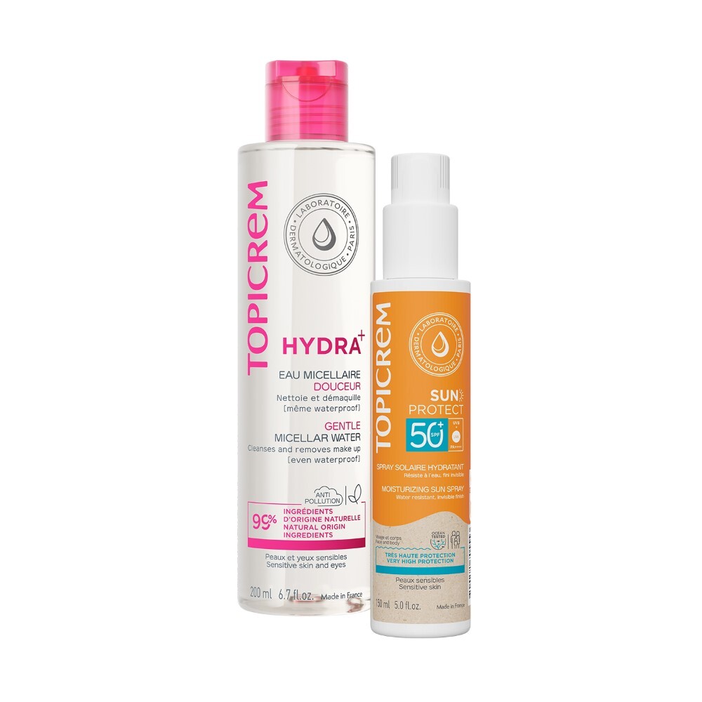 Изображение товара Набор Топикрем Sun Protect Спрей солнцезащитный SPF50+ 150 мл + Hydra+ Вода мицеллярная мягкая 200 мл Изображение товара Набор Топикрем Sun Protect Спрей солнцезащитный SPF50+ 150 мл + Hydra+ Вода мицеллярная мягкая 200 мл