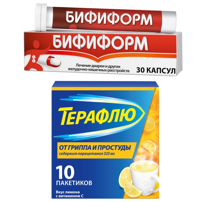 Изображение товара Набор ТЕРАФЛЮ ОТ ГРИППА И ПРОСТУДЫ N10 ПАК ПОР/ЛИМОН + БИФИФОРМ N30 КАПС со скидкой