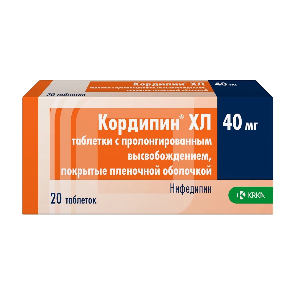 Кордипин хл 40 мг 20 шт. таблетки с пролонгированным высвобождением,  покрытые пленочной оболочкой - цена 150 руб., купить в интернет аптеке в  Орле Кордипин хл 40 мг 20 шт. таблетки с пролонгированным