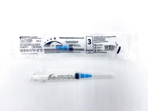 Изображение товара ШПРИЦ 3МЛ 3-Х КОМПОНЕНТНЫЙ MEDIC-O-PLANET ЛУЕР C НАДЕТОЙ ИГЛОЙ 23G 0,6X30ММ N1
