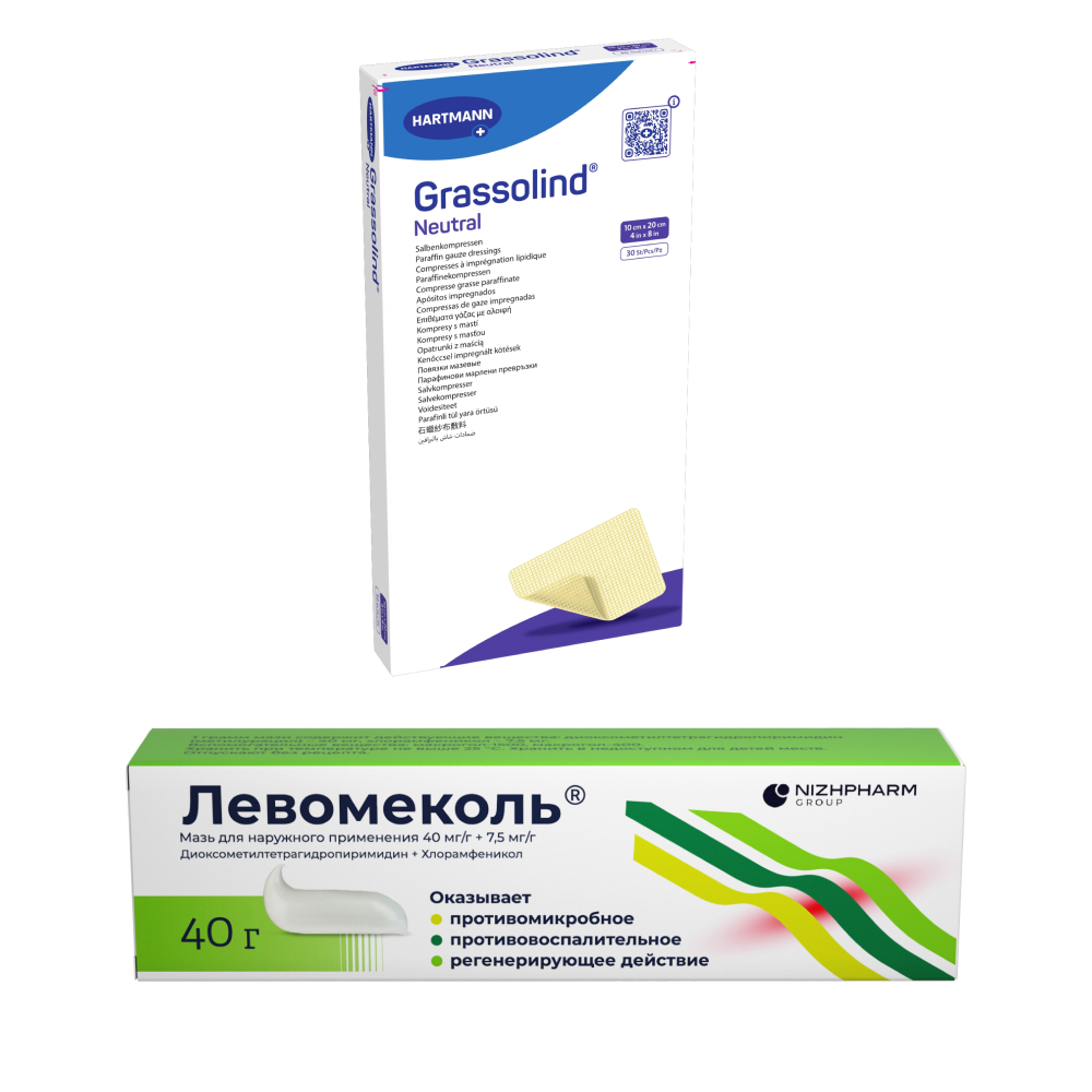 Изображение товара Набор Левомеколь мазь 40 гр + Повязка мазевая Гразолинд 10 см х 20 см, 30 шт.