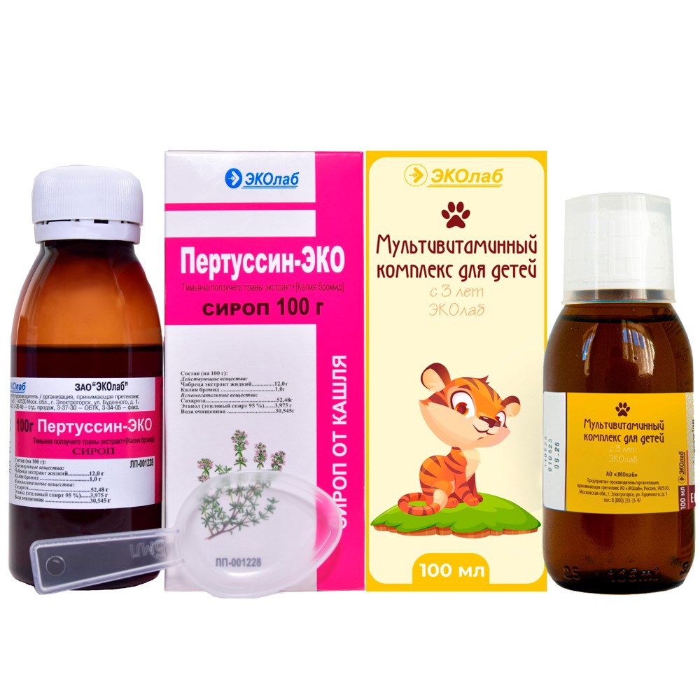 Изображение товара Набор Пертуссин-эколаб флакон сироп 100мл + Мультивитаминный комплекс д/детей с 3 лет эколаб 100мл флак со скидкой 10%