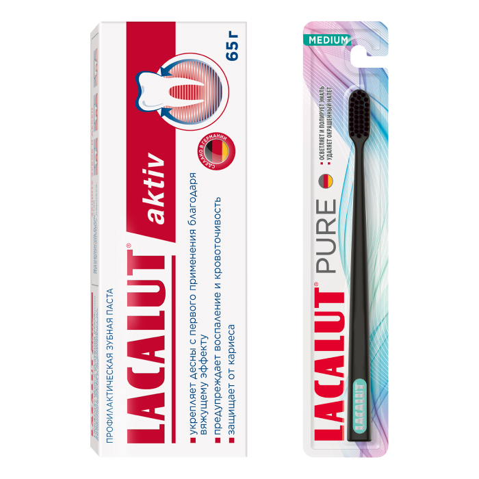 Изображение товара Набор LACALUT ЗУБНАЯ ПАСТА AKTIV 65,0 + LACALUT PURE ЗУБНАЯ ЩЕТКА СРЕДНЕЙ ЖЕСТКОСТИ со скидкой