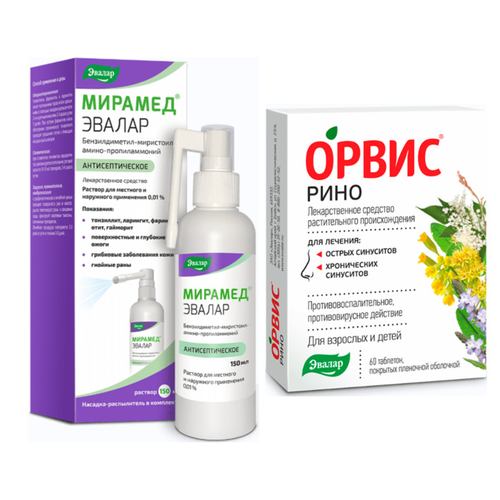 Изображение товара Набор при насморке и простуде: ОРВИС РИНО таблетки 60шт. + МИРАМЕД ЭВАЛАР 0,01% раствор для местного и наружного применения (с н