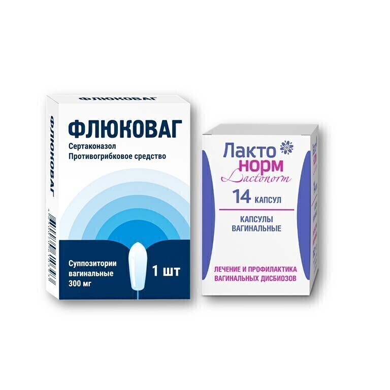 Изображение товара Набор Флюковаг (сертаконазол) супп №1 при молочнице + Лактонорм капс №14 при вагинальных дисбиозах - со скидкой