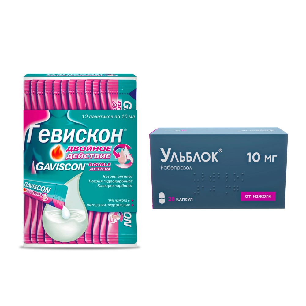 Изображение товара Набор Ульблок 0,01 №28 капс + Гевискон двойное действие 10мл №12 пакет со скидкой