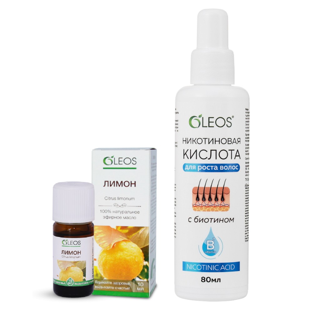 Изображение товара Набор Oleos: масло эфирное лимон 10 мл + лосьон никотиновая кислота для роста волос с биотином 80 мл со скидкой Изображение товара Набор Oleos: масло эфирное лимон 10 мл + лосьон никотиновая кислота для роста волос с биотином 80 мл со скидкой