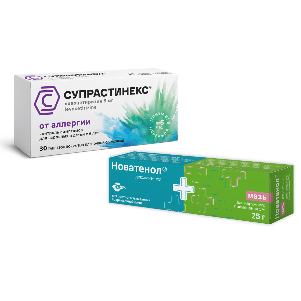 Изображение товара Набор СУПРАСТИНЕКС 0,005 N30 ТАБЛ П/ПЛЕН/ОБОЛОЧ + НОВАТЕНОЛ 5% 25,0 МАЗЬ Д/НАРУЖ ПРИМ по специальной цене