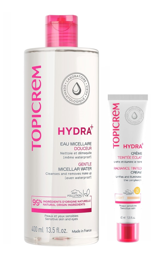 Изображение товара Набор Топикрем Hydra+  крем тональный с эффектом сияния-light 40мл + вода мицеллярная мягкая 400мл со скидкой