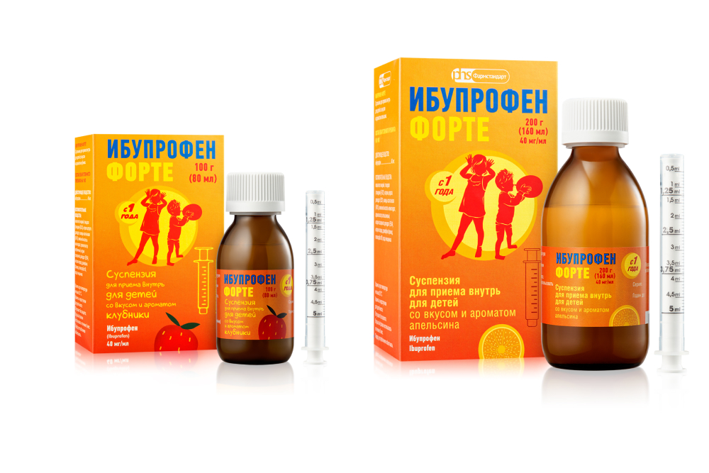 Изображение товара Набор при простуде у детей: Ибупрофен Форте 100г (клубника) + Ибупрофен Форте 200г (апельсин) по выгодной цене